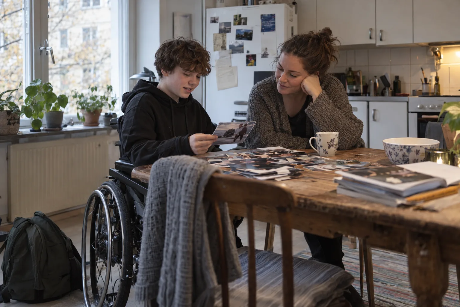 Ung person i rullstol och vuxen tittar på fotografier vid ett köksbord